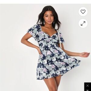 Lulus Fresh Florals Navy Blue Floral Print Puff Sleeve Mini Dress